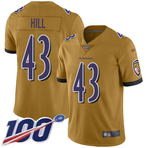 Baltimore Ravens Limited Gold Men Justice Hill Jersey NFL Football 43 100th Season Inverted Legend